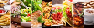 A horizontal collage of eight food photographs showcasing a variety of dishes: grilled steak served with french fries, a fresh vegetable salad with broccoli, grilled salmon fillet, shrimp and tomato pasta, soft-shell tacos with fresh toppings, and barbecue-glazed grilled chicken.
