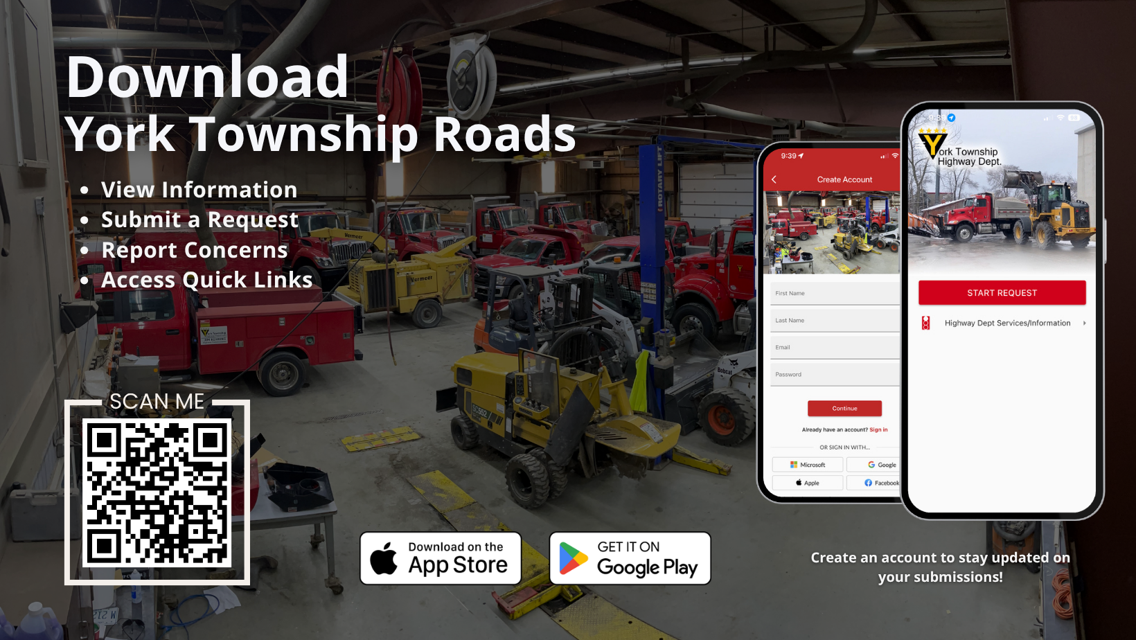 Red days summaryReturn a summary of the red days in text2:47 PMHere are the red (pickup) dates from the 2026 Bundled Brush Pick-Up Schedule:
May: 5, 6, 7, 8 (week of May 5–8)
June: 1, 2, 3, 4, 5 (week of June 1–5)
July: 6, 7, 8, 9, 10 (week of July 6–10)
August: 3, 4, 5, 6, 7 (week of Aug 3–7)
September: 1, 2, 3, 4 (week of Sept 1–4)
October: 5, 6, 7, 8, 9 (week of Oct 5–9)
Each month has one designated pickup week (Monday–Friday), indicated by the red numbers. The note at the bottom reminds residents to see the reverse side for guidelines.describe this image in text3:10 PMThis is a technical diagram showing the proper placement of a mailbox relative to the road. It illustrates a side-view cross-section with the following details:
The mailbox sits on a post at the top, positioned near the edge of the road. The mailbox height is marked as 40 inches from the finished grade (ground level) to the mailbox. The post is set back 8 inches from the curb/pavement edge. The diagram shows the pavement surface on the left sloping down slightly to the curb, then the ground rising to the "Finished Grade" level on the right where the mailbox post is installed.
In short, it's a specification diagram indicating that a mailbox should be installed 40" high and 8" back from the curb or pavement edge.describe this3:32 PMThis is a promotional flyer for the York Township Roads mobile app. The background photo shows the inside of a township highway department garage filled with red trucks, heavy equipment, and maintenance vehicles.
The flyer highlights four things you can do with the app: view information, submit a request, report concerns, and access quick links.
On the right side, two phone mockups show screenshots of the app — one displaying a "Create Account" screen with fields for first name, last name, email, and password (plus sign-in options via Microsoft, Google, Apple, and Facebook), and the other showing the York Township Highway Dept. landing page with a "Start Request" button and a link to "Highway Dept Services/Information."
In the bottom-left corner there's a QR code labeled "Scan Me" for quick access, along with App Store and Google Play download badges at the bottom center. The bottom-right corner encourages users to "Create an account to stay updated on your submissions!"